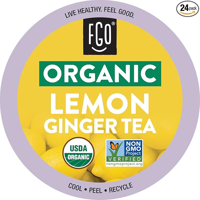 FGO Organic Premium Lemon Ginger Tea K-Cup Pods for Keurig, 24 Count (Pack of 1), Naturally Caffeine-Free Herbal Tea is USDA Organic, Non-GMO, & Recyclable