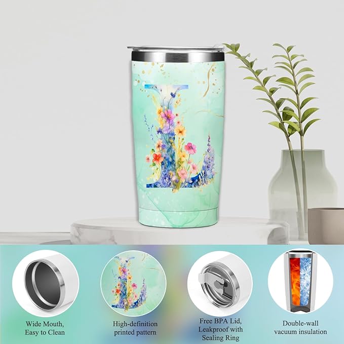 Personalized Gifts Monogrammed Birthday Gifts for Women, Mama New Mom Thanksgiving Wedding Christmas Initial 20 oz Tumbler, Makeup Bag Cup Pens Journal Notebook 6 Set, (Aesthetic Green Flower L)