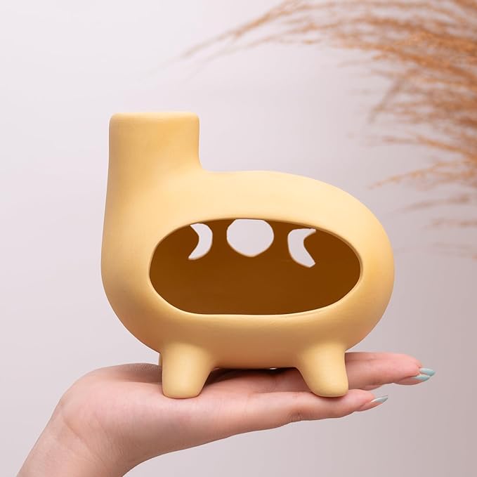 Elegant Handcrafted Ceramic Palo Santo Burner-Yellow Terracotta Footed Incense Holder for Meditation,Compatible with Wood Sticks,Sage,Ash&Cones-Mini Aromatic Home Altar with Chimney Design