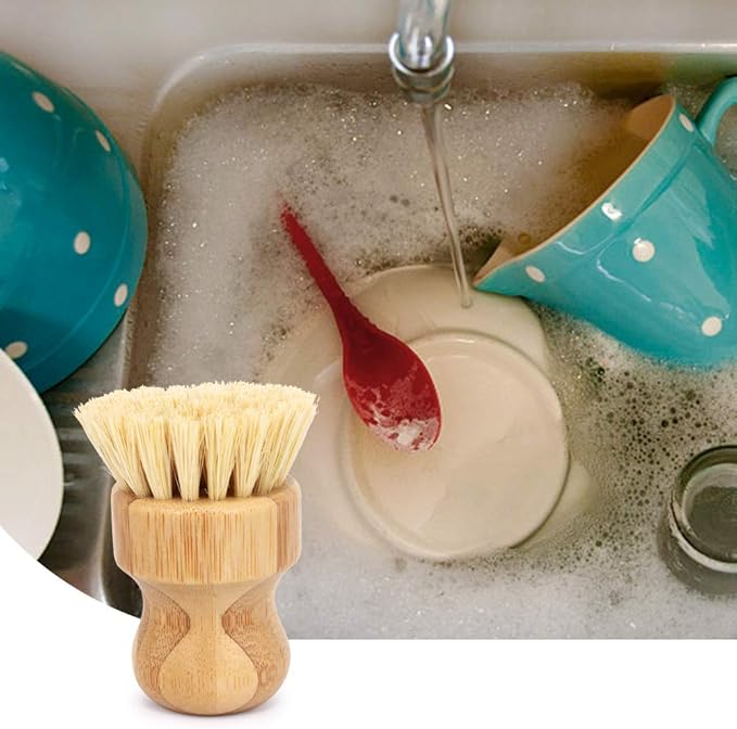 Ezeso Natural Bamboo Dish Scrub Brush Set 4 Piece, Wooden Pot & Bottle Brush