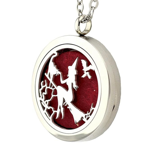 Essential Oil Diffuser Necklace - Aromatherapy Jewelry Halloween Stainless Steel Magic Witch Locket Pendant with 24 Inches Chain + 8 Washable Refill Pads Birthday