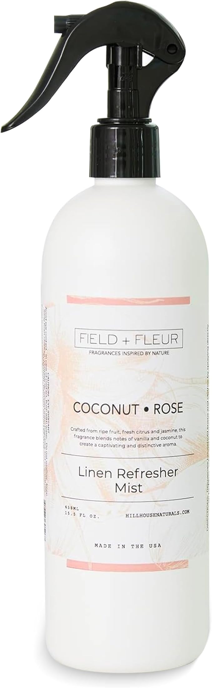 FIELD FLEUR Coconut Rose Linen & Room Spray 15.5 oz - Aromatic & Refreshing Bedding & Fabric Mist - Air Freshener for Clothes & Sofas – Notes of Coconut, Vanilla, Jasmine & Citrus - Made in USA