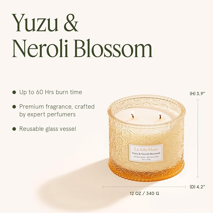LA JOLIE MUSE Yuzu & Neroli Blossom Candle - Yuzu, Orange Blossom, Cedarwood | 12 oz Large 2-Wick Soy Wax Candle | 60 Hours Clean Burn | Citrus Scented Candle | Elegant Home Décor