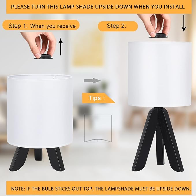 HAITRAL Wooden Tripod Table Lamp with Black Base, Small Table Lamp Bedsides Lamp with Linen Fabric Shade, Nightstand Lamp Cute Night Lamp for Bedroom,Kids Room,Nursery,Dorm