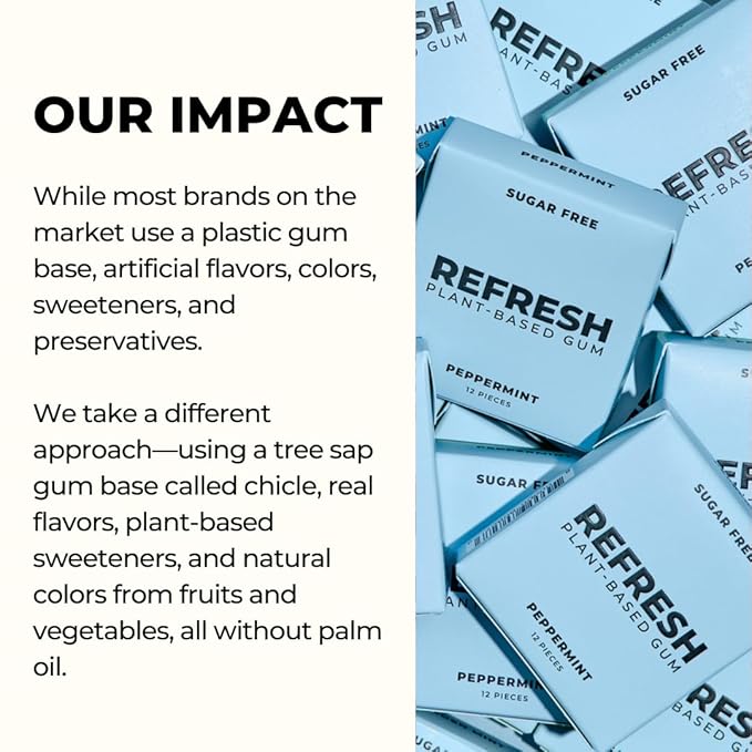 Refresh Gum, Xylitol, Natural, Sugar Free, Plastic Free, Natural Flavors & Organic Ingredients, Plant-Based, Low Calorie, Non GMO, Gluten Free, Vegan, Peppermint, 12 Pcs, 12 Pck