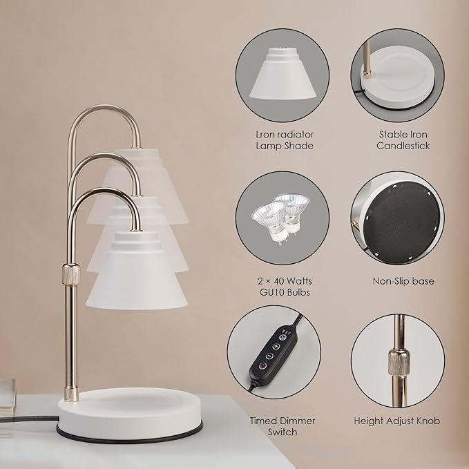 Candle Warmer Lamp with Timer - Dimmable Melting Light with 2 Bulbs, Height Adjustable Wax Lamp for Bedroom, Home Decor Gift, Electric Lamp for Jar Candles, White