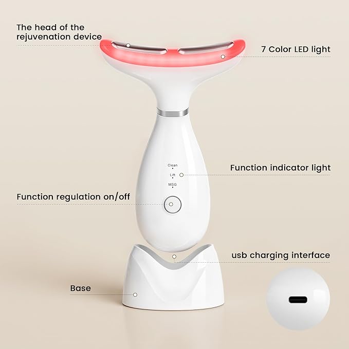 Facial and Neck Massager,7 Color LED Light Therapy for Face,Face Lift Device,Beauty Face Massager Tools for Skin Care (White)