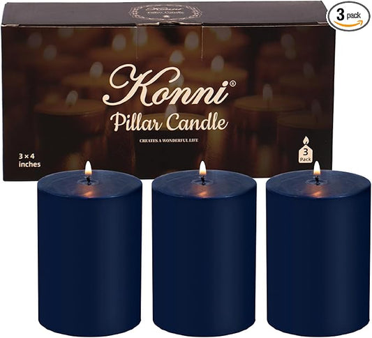 KONNI Navy Blue Pillar Candles Set of 3, 3"x 4" Unscented Pillar Candles Bulk, 39 Hours Long Burning Candles, Smokeless&Dripless Large Round Candle for Wedding, Home Decoration, Parties, Spas, Dinner