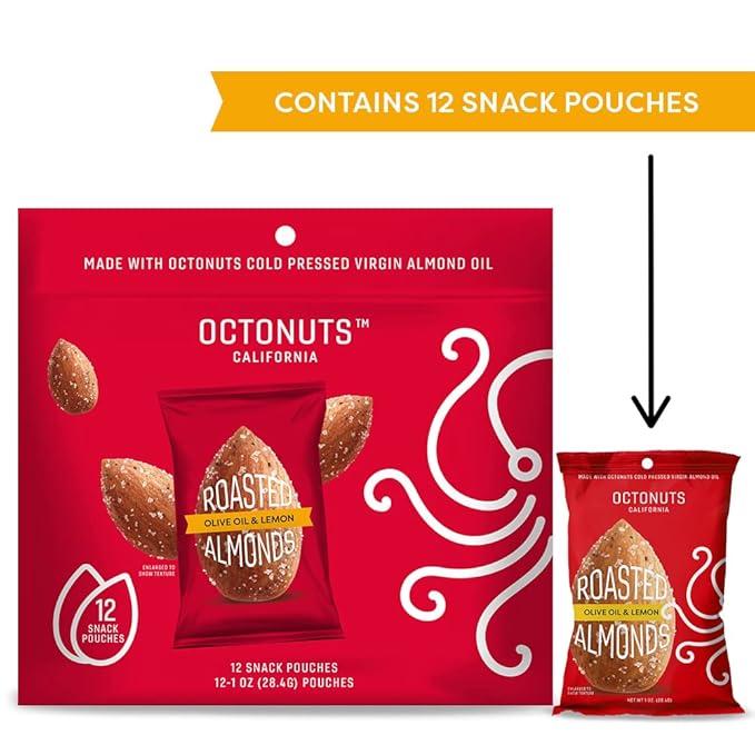 Octonuts Olive Oil & Lemon Almonds – 12 Individually Wrapped Snack Packs (1oz Each), Healthy Snacks for Adults and Kids, Non-GMO, Keto and Gluten-Free, Roasted in Cold Pressed Olive Oil