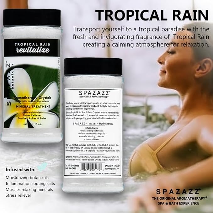 Spazazz Hot Tub Aromatherapy Bath Salt Crystals 3-Pack Bundle - Eucalyptus Mint Stimulate - Tropical Rain Revitalize - Honey Mango Arouse - Botanicals Collection Scents for Relaxing in Spas (17 oz)