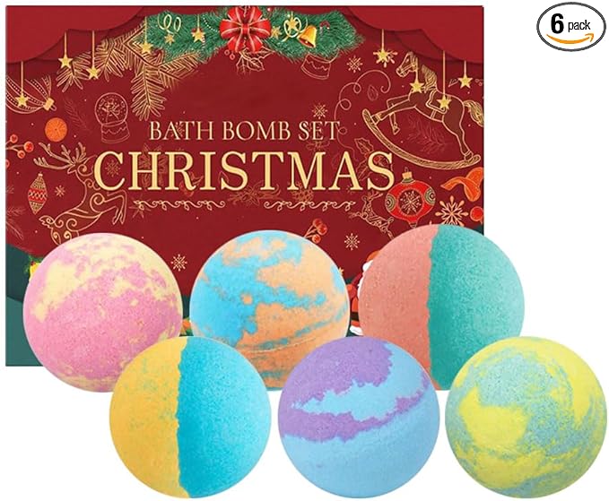 6 Pcs Christmas Bath Bombs Gift Set for Women,Handmade Natural Bath Bomb with Fizz Effect,Moisturizing and Soften Skin,Fruit & Flower Scents Skin Care Bathbombs for Stocking Stuffers Gift