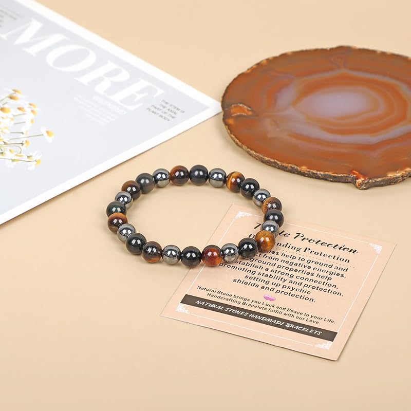 AD Beads Handmade Gemstone Stretch Elastic Bracelet Crystal Healing Reiki Nature's Beauty and Spiritual Essence Unisex (6mm, Triple Protection (Strong Protect))