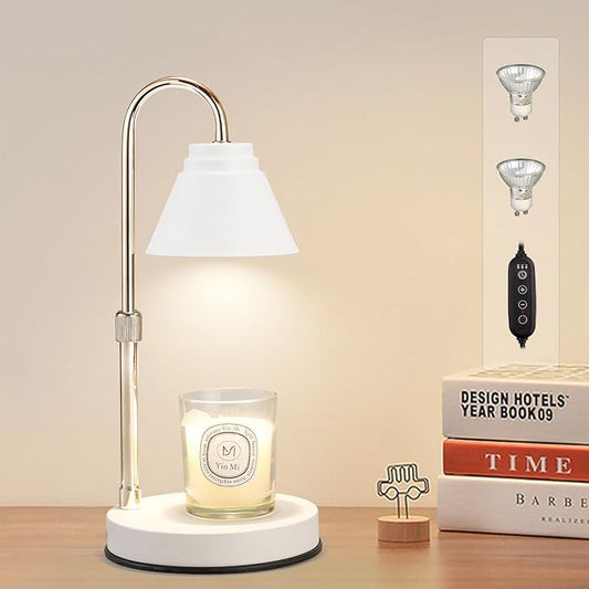 Candle Warmer Lamp with Timer - Dimmable Melting Light with 2 Bulbs, Height Adjustable Wax Lamp for Bedroom, Home Decor Gift, Electric Lamp for Jar Candles, White