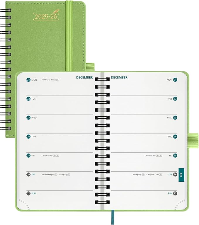 BEZEND Pocket Planner 2026 Weekly and Monthly (3.5" x 6"), 2-Column Calendar Book for Purse (Jul 25-Dec 26), Dual Schedule for Daily Appointment, Spiral Bound, PU Leather Softcover, Fruit Green
