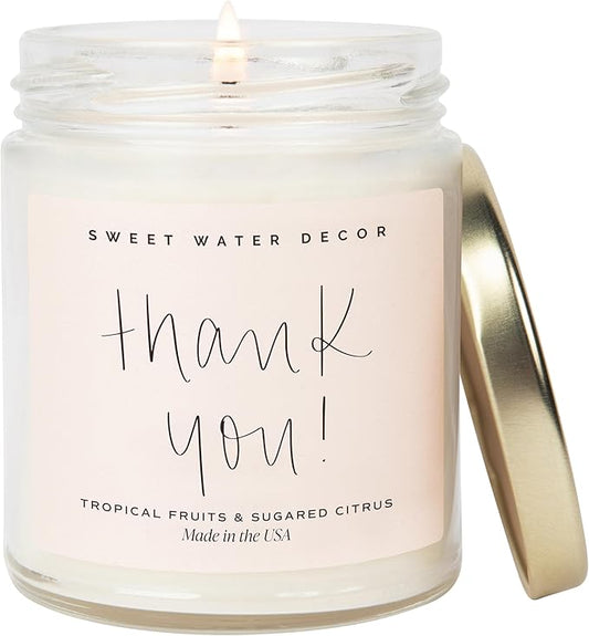Sweet Water Decor Thank You Candle | Tropical Fruit and Sugared Orange, Summer Scented Soy Wax Candle for Home | 9oz Clear Jar, 40 Hour Burn Time, Made in The USA