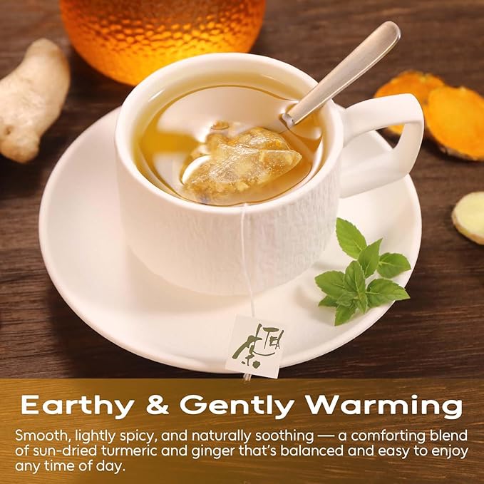 FullChea - Turmeric Ginger Tea Bags, 50 Count, 2g/bag - Premium Turmeric & Ginger- Non-GMO - Caffeine-free - Boost Immunity & Aid Digestion