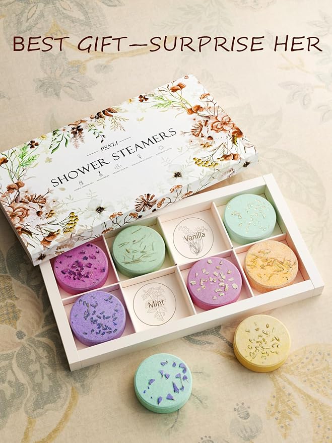 Shower Steamers Aromatherapy Stocking Stuffers 8 Scents, Christmas Gifts for Women Elegant Packaging Birthdays Gifts for Mom, Natural Essential Oil Home Spa Self Care & Relaxing