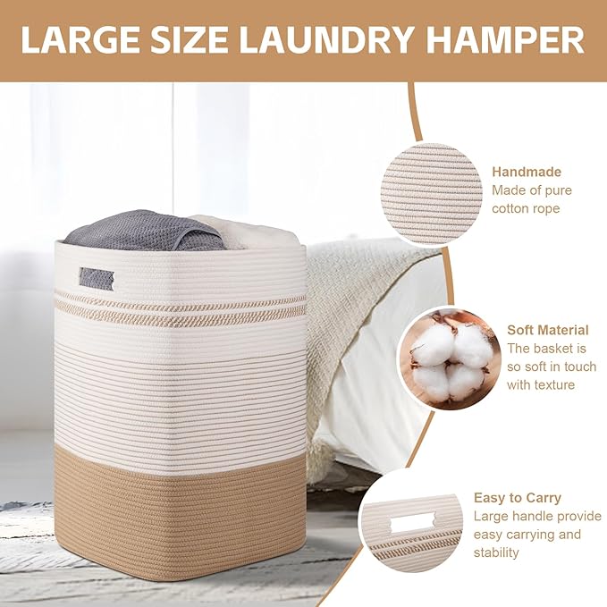 Laundry Hamper, Large Woven Rope Tall Laundry Basket with Handles, 24" X 16" X 16", Decorative Storage Basket for Clothes and Blankets in Living room, Bedroom, Jute & White
