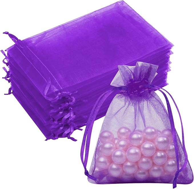 50 Pcs Purple Organza Bags 3x4 Inch, Small Mesh Bags Drawstring