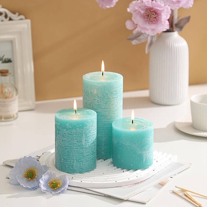3x4 Inch Turquoise Pillar Candles Set of 3 - Unscented Candles, Long Clean Burning, Large Big Candles, Smokeless Dripless Pillar Candles for Dinner Table, Wedding, Home, Bathroom, Rustic Decor