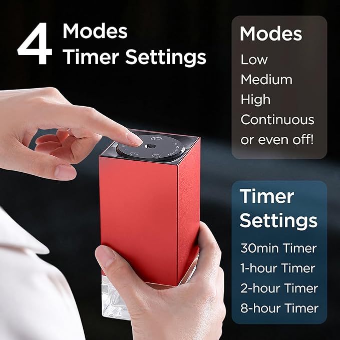 Essential Oil Diffuser – 50ml Capacity Nebulizer Waterless Diffuser, Portable, Battery Operated, Scent Air Machine for Home 4 Mist Settings 1/2/8H Timers （Includes Essential Oils and Adapter）C01-1 Red