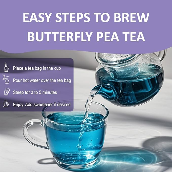 Ovikaso Tea, Butterfly Pea Flower Tea Bags, 50 Pyramid Tea Bags, 1.3g/bag, 100% Natural, Non-GMO, No Caffeine, Brew Hot or Iced tea, Baking, Cocktail, Herbal Tea