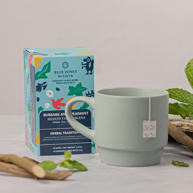 Blue Zones Nicoya - Burbark & Spearmint Flavored Tea Bags - 100% Natural, Organic, and Refreshing - High Micronutrients - Gluten, Caffeine, Sugar-Free - Pack of 18 (1.59 oz/ 45 g)