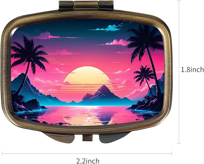 Dynippy Pill Case Pill Box with Mirror Retro Pocket 2 Compartment Medicine Case Vitamin Pill Organizer for Pocket Purse and Travel (Vintage Landscape Pattern)