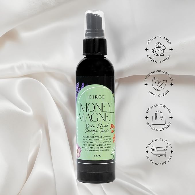 Circe Money Magnet Smudge Spray – 100% Natural Smoke Free Alternative to Attract Abundance, Prosperity & Opportunities - Patchouli, Sweet Orange & Myrrh Blend - Wealth, Success, Self Care, Gift - 4oz