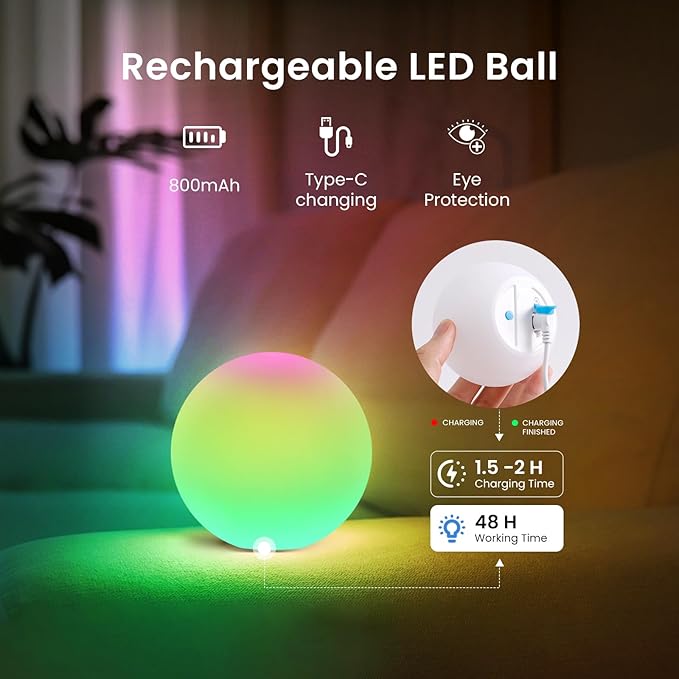 LOFTEK LED Ball Light, 3-inch Rechargeable Globe Lights, Color-Changing Ball Lamp with Remote, Waterproof Orb Light, Smart Sphere Night Light for Home Bedroom Pool Decor, Xmas Gift, 2 Pack