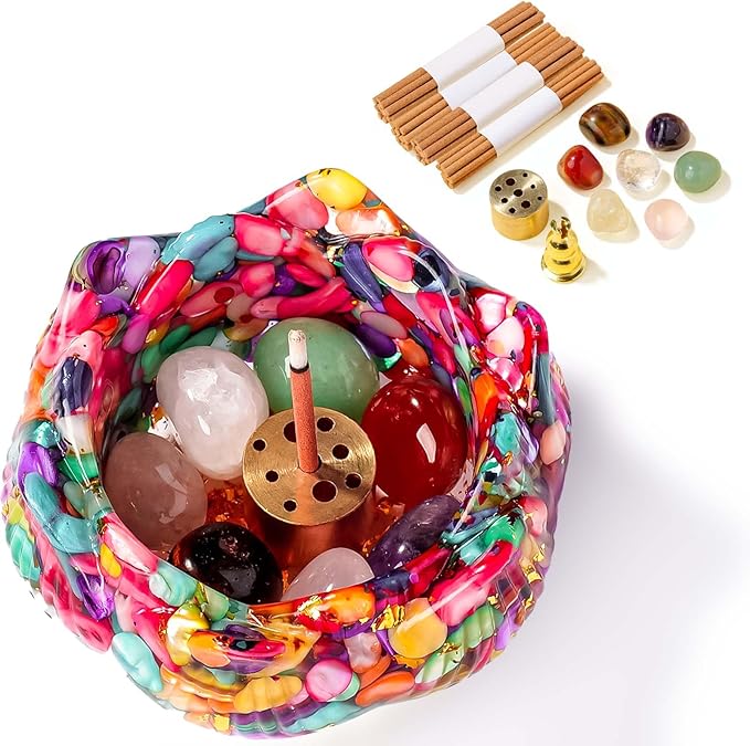 Incense Holder Burner 40 Incense Sticks Resin Crystal Lotus Flower Incense Holder for Inserting Incense Removable Ash Collector for Meditation Room and Home Decor (Colorful, 3.15")
