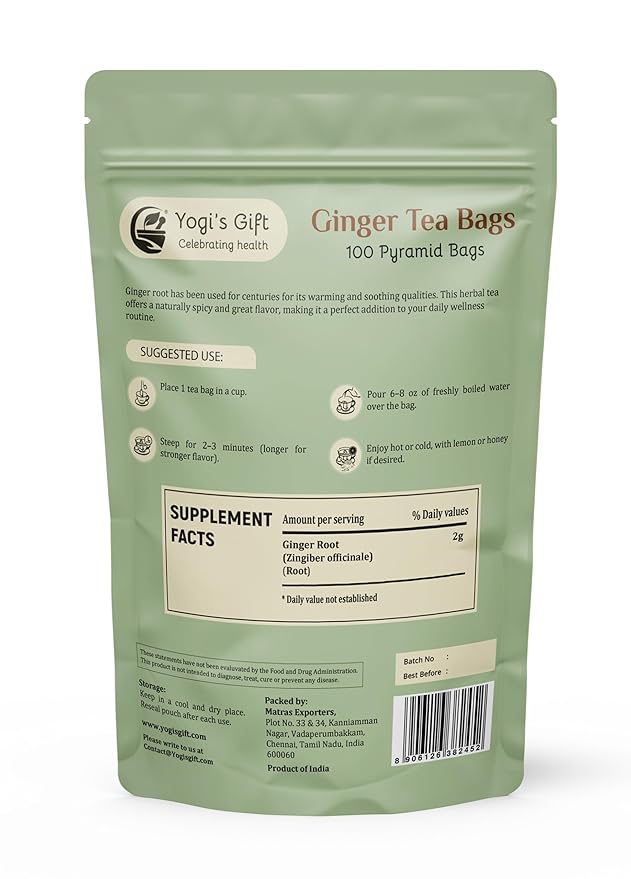 Ginger Tea Bags – 100 Count Pyramid Tea Bags – 100% Pure dried ginger root tea – Bold & Spicy Herbal Flavor Ginger Tea – By Yogi’s Gift®