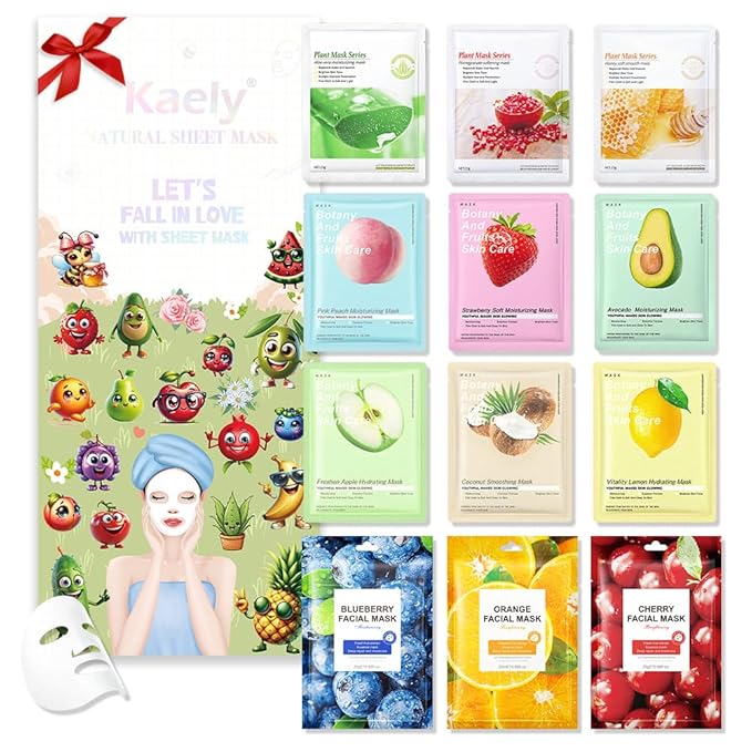 evpct 12Pack Kids Face Masks for Kids Girls Spa, Girls Kids Facial Spa Day Slumber Sleepover Birthday Party Favors Supplies Kit for Girl, Kid Friendly Facial Face Sheet Masks Bulk Skincare for Kid, B2