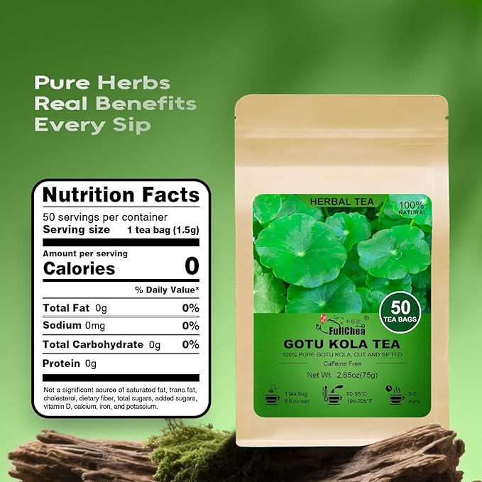 FullChea -Gotu Kola Tea, 50 Teabags - Premium Dried Gotu Kola Leaves - Natural Herbal Tea With Antioxidants & Minerals - Non-GMO - Caffeine-Free - Support Focus