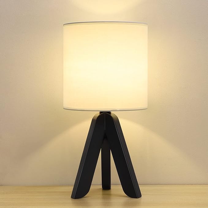 HAITRAL Wooden Tripod Table Lamp with Black Base, Small Table Lamp Bedsides Lamp with Linen Fabric Shade, Nightstand Lamp Cute Night Lamp for Bedroom,Kids Room,Nursery,Dorm