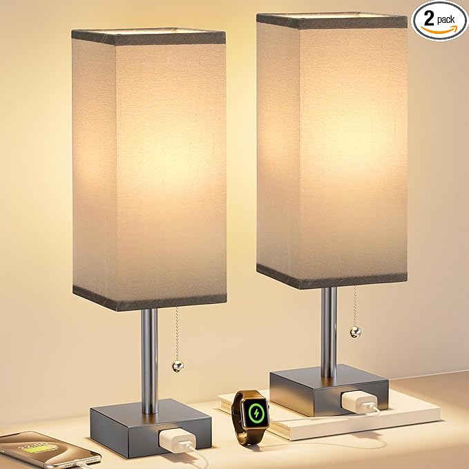 Fenmzee Grey Bedside Table Lamps for Bedroom Set of 2 - Small Rectangular Nightstand Lamp with AC Outlet Charging Port, 3 Color Temperatures Light, Tabletop Reading Lamp for Living Room/Dorm/Office