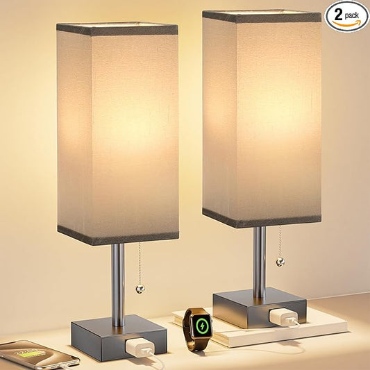 Fenmzee Grey Bedside Table Lamps for Bedroom Set of 2 - Small Rectangular Nightstand Lamp with AC Outlet Charging Port, 3 Color Temperatures Light, Tabletop Reading Lamp for Living Room/Dorm/Office