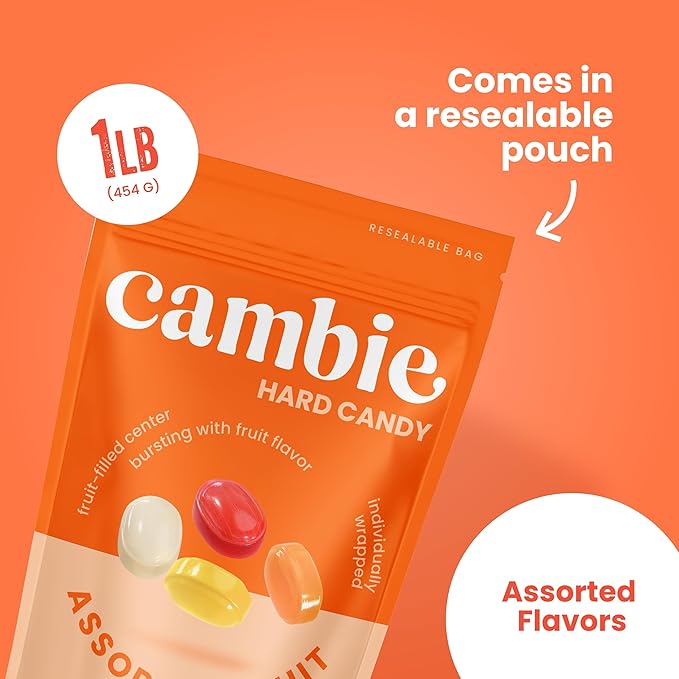 Assorted Fruit Hard Candy Individually Wrapped by Cambie, 1 lb of Fruit Candy with a Deliciously Sweet Hard Exterior with a Soft, Decadent Filled Center