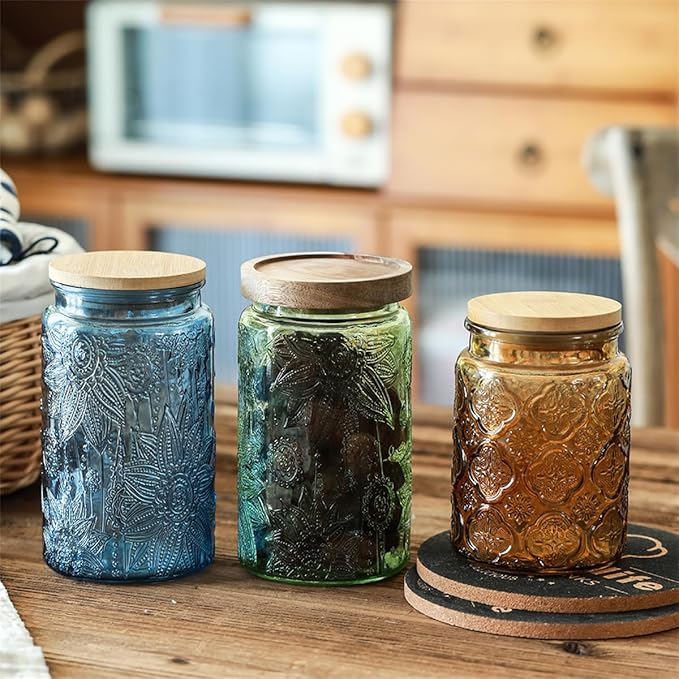 ANSQU Set of 4 Vintage Glass Mason Jars with Lids – 34 FL OZ Sunflower Design – Airtight Storage for Coffee, Tea, Cookies, Candy, Nuts – Kitchen & Pantry Organization (Blue & Green)