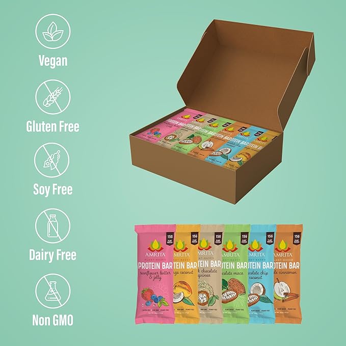 Amrita Nut Free 6 Flavor Variety Vegan Protein Bars | 11g to 12g Plant-Based Protein Bar | Peanut Free, Gluten Free, and Dairy Free | Low Sugar, High Fiber, Healthy School-Safe Snacks