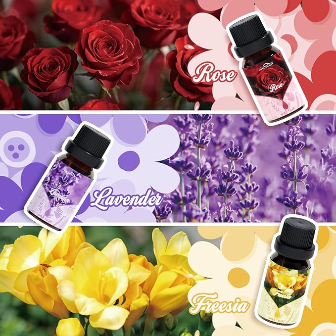 Floral Essential Oil Set, Premium Essential Oils for Diffusers for Home, Includes Lilac, Freesia, Jasmine, Cherry Blossom, Rose and Lavender Candle Scents for Candle Making, DIY Soaps,Cleaning