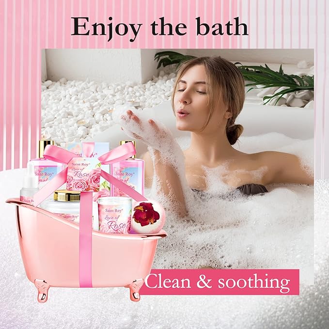Bath Kit Christmas Gifts for Women, Spa Gifts bath Gifts for Her Rose Mother Gift Bath Set for Women, Luxury Home Spa bath and body Gift Basket, With Scents Lotion, Bath Bomb bridal shower gift basket