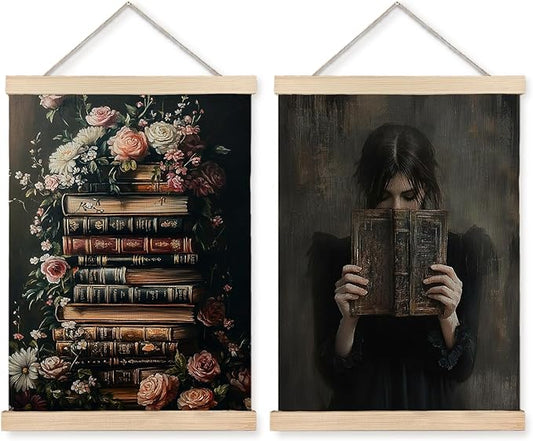 Exqcom Vintage Dark Floral Book Wall Decor Set of 2, Dark Academia Wall Art Poster, Book Club Decorations, Bookish Reading Moody Posters for Reading Room Corner Library Classroom, 12x16 Inches