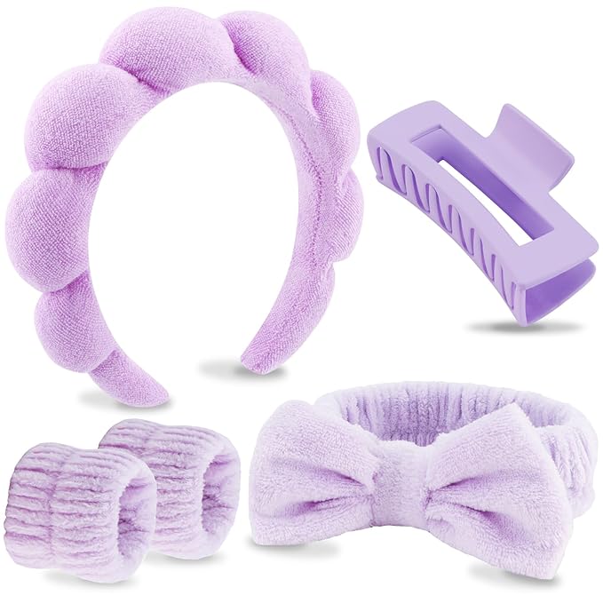 VELSCRUN Spa Headbands for Wash Face, Makeup Headband, Facial Skincare Headbands, 5 Pcs Purple Puffy Sponge Spa Headband Bow Tie Hair Band Hair Clips Wristband Set Women Girls Accessories