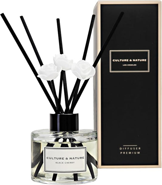 CULTURE & NATURE Reed Diffuser Set 4oz (120ml) Black Cherry Scented Diffuser with Sticks Home Fragrance Reed Diffuser for Bathroom Shelf Decor
