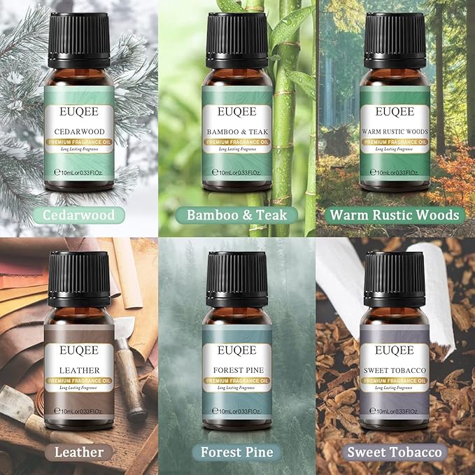 EUQEE Fragrance Oils Gift Set Premium Woody Scented Oil - Forest Pine, Warm Rustic Woods, Bamboo & Teak, Cedarwood, Leather, Sweet Tobacc(Honeyed Haze), for Diffuser, Soap Making, Candle - 6x10ml