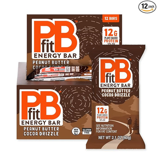 PBfit Peanut Butter Cocoa Drizzle Energy Bars, 12g Protein, 5g Fiber, Gluten Free, Vegan, Plant-Based, Non-GMO, 2.1 Oz (Pack of 12)