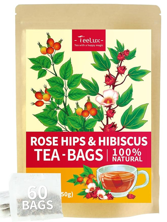 TeeLux Rosehip & Hibiscus Tea Bags, 2.5g/bag, Slight Tart Taste & Fruity Flavor, Caffeine Free, 60 Count