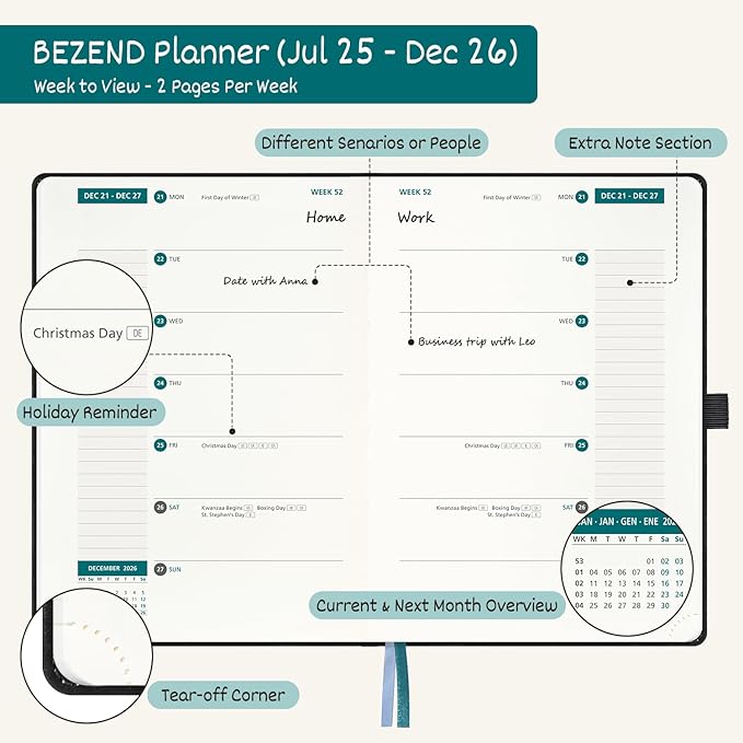 BEZEND 2026 Planner Weekly and Monthly (6" x 8.5"), 2-Column Calendar Book (Jul 25-Dec 26), Dual Schedule for Daily Appointment, Inner Pocket & Tabs, PU Leather Hardcover - Black