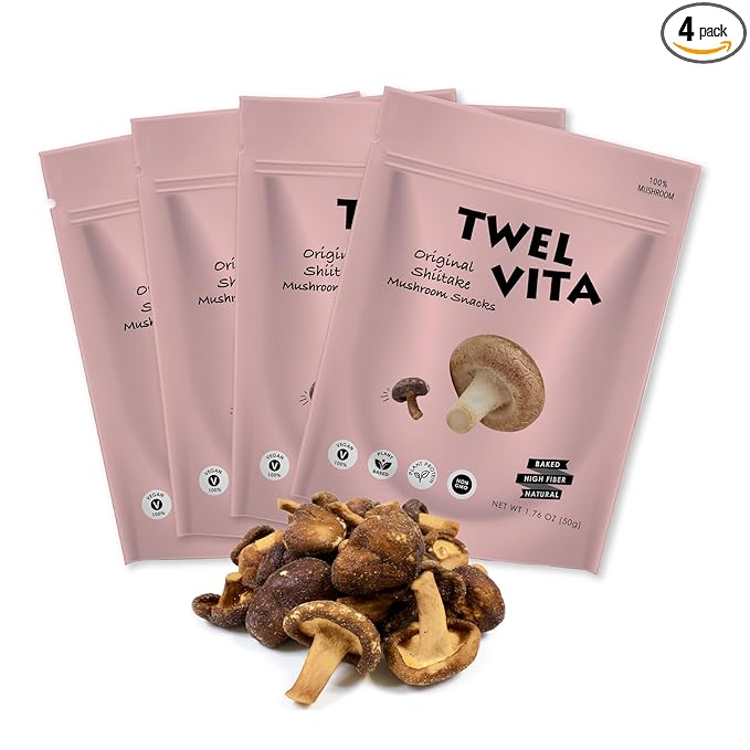 TwelVita Wholesome Baked Shiitake Mushroom Crisps, Vegan Snacks, Clean Label, Non-GMO, Gluten-Free, 1.76 oz ea, Pack of 4